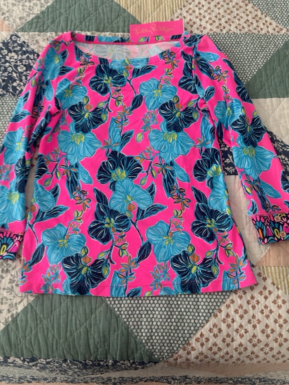 Lilly Pulitzer Hot Pink Floral Boatneck Top with Blue Blooms